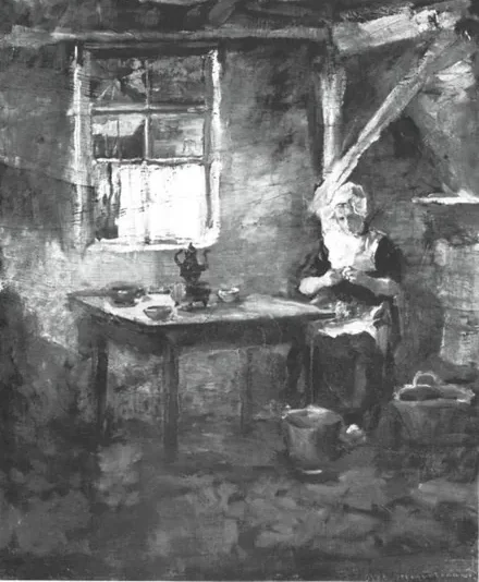 Farm interior with woman peeling potatoes
