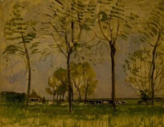 Farm Setting, Four Tall Trees in the Foreground I