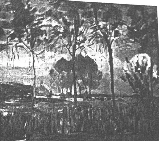 Farm setting, four tall trees in the foreground II