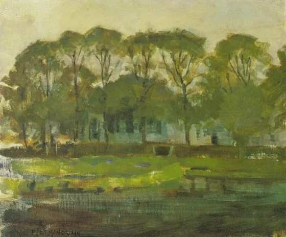 Farmhouse along the water shielded by arch of trees II
