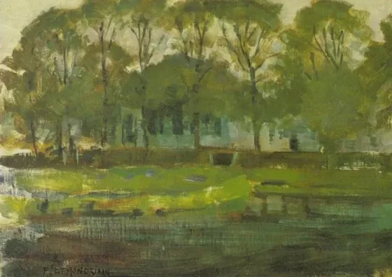 Farmhouse along the water shielded by arch of trees II