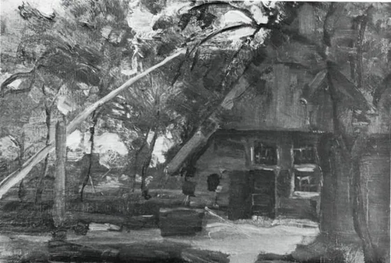 Farmhouse façade with well boom at left
