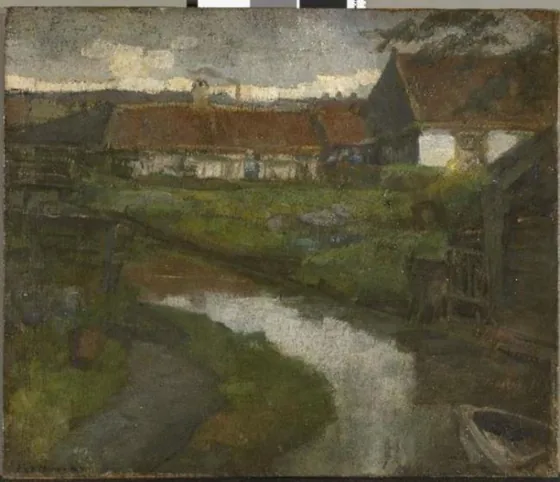 Farmstead and irrigation ditch with prow of rowboat