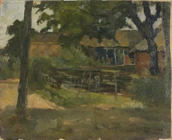 Farmstead in Het Gooi, viewed between trees and over fence