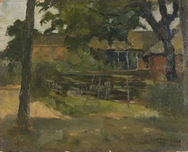 Granja en el Gooi, vista entre los árboles y por encima de una valla