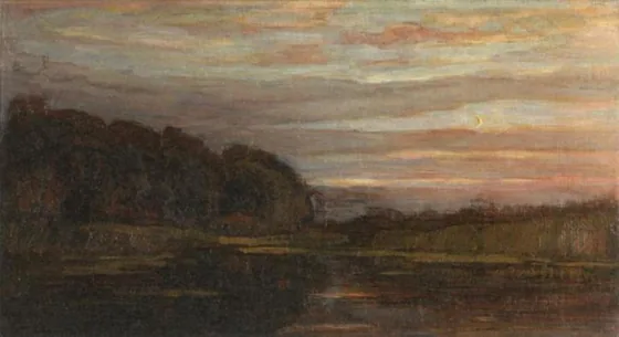 Farmstead on the Gein screened by tall trees: greenish streaks sky with crescent moon