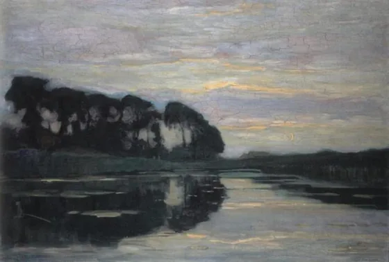 Farmstead on the Gein screened by tall trees: ultramarine sky with yellow ray of sunset