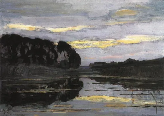 Farmstead on the Gein screened by tall trees with streaked sky