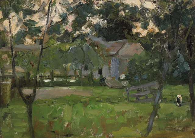 Patio de granja en el Gooi flanqueado por árboles jóvenes