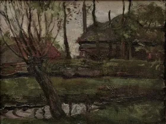 Farmyard sketch with pollarded willow at left