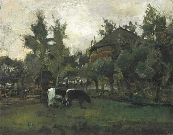 Farmyard sketch with two cows grazing