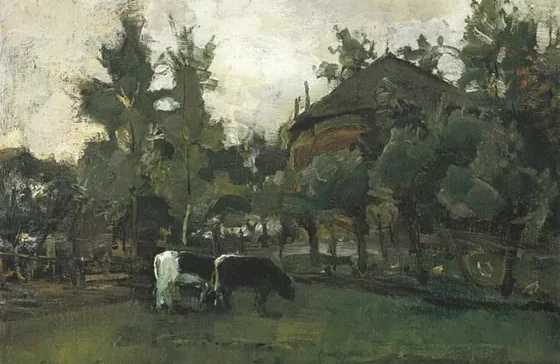 Farmyard sketch with two cows grazing