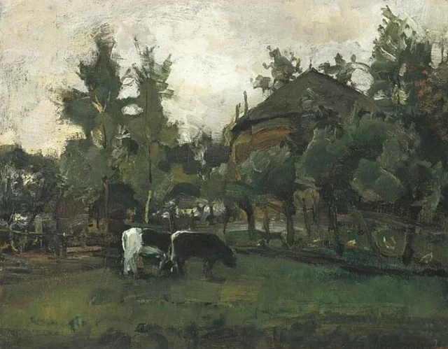 Boceto de patio de granja con dos vacas pastando