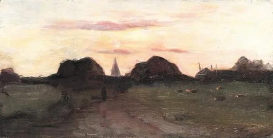 Field with church tower and haystack