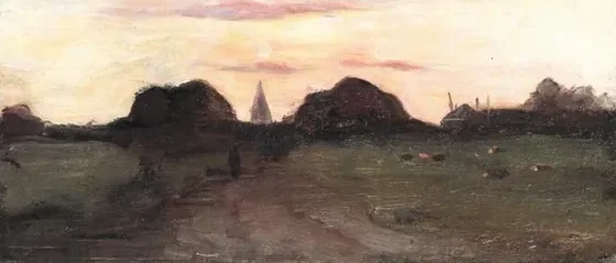Field with church tower and haystack