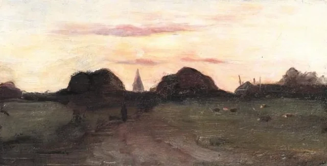 Campo con campanario y almiar