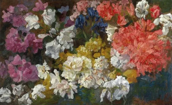 Flower arrangement with rhododendrons and irises