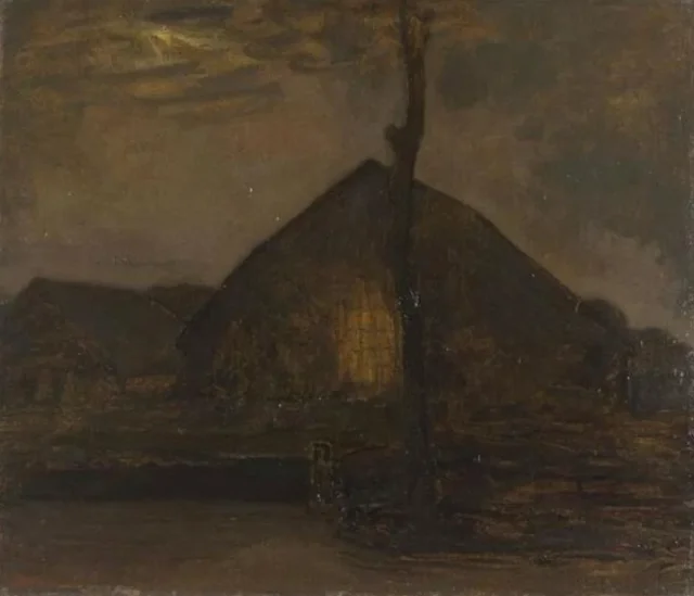Cabaña de granja con hastial al atardecer