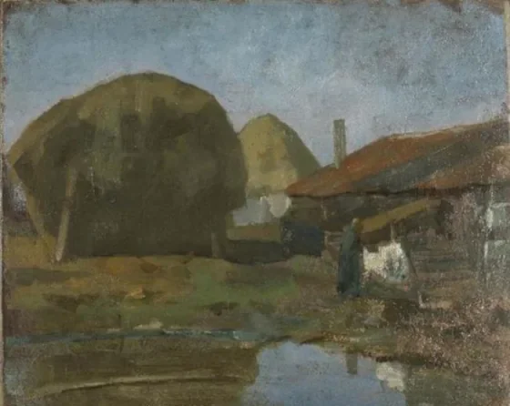 Haystacks, farm building and farm woman with the wash