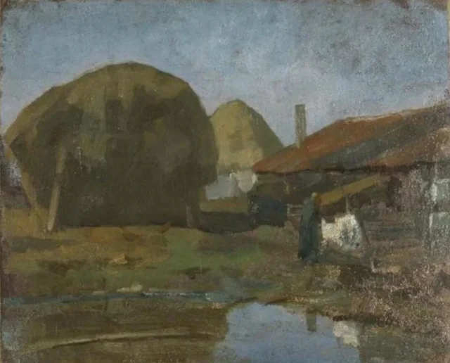 Almiares, edificio de granja y campesina con la colada