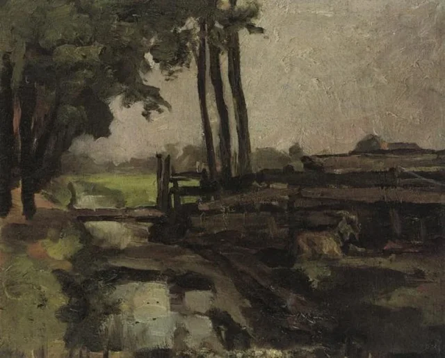 Acequia de riego, puente y cabra, boceto
