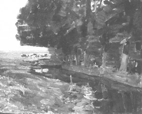 Irrigation ditch with cows and sheltered farm complex
