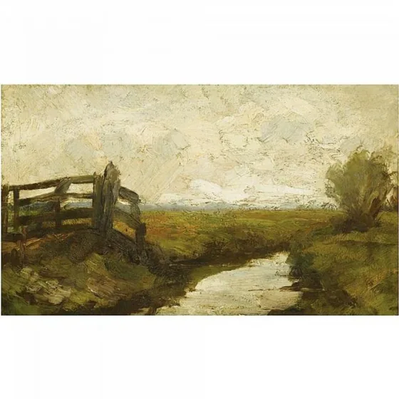 Irrigation ditch with wood gate at left