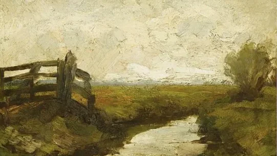 Irrigation ditch with wood gate at left
