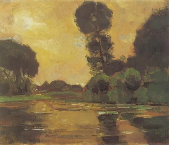Isolated tree on the Gein with yellow-orange sky