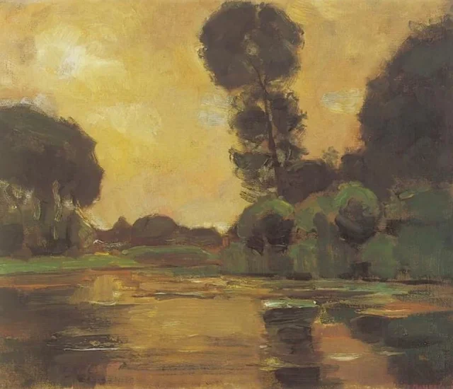 Árbol aislado en el Gein con cielo amarillo anaranjado