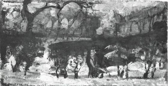 Landscape with apple tree at left