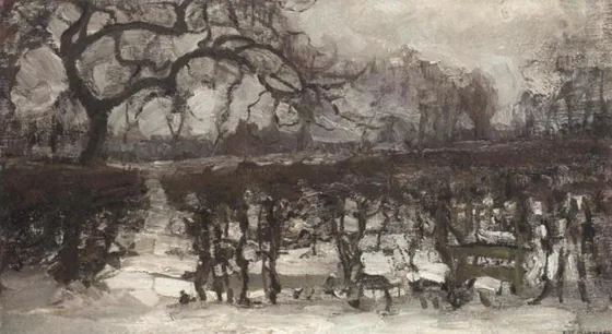 Landscape with apple tree at left: winter landscape