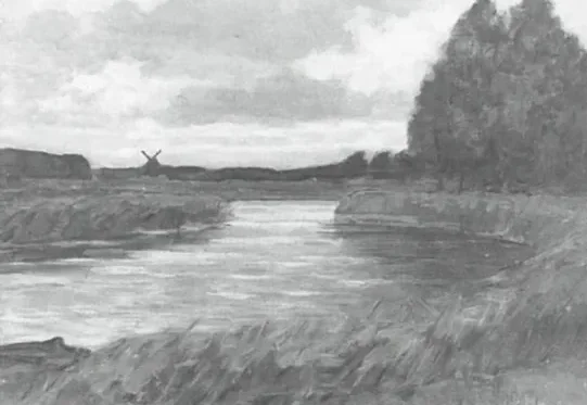 Meandering river, windmill in the distance