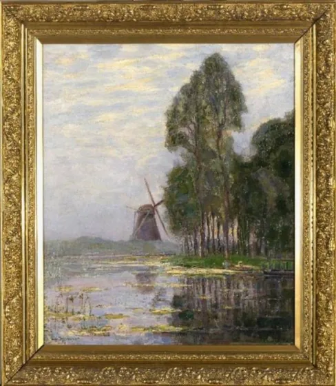 Mill near tall trees with bright color reflections