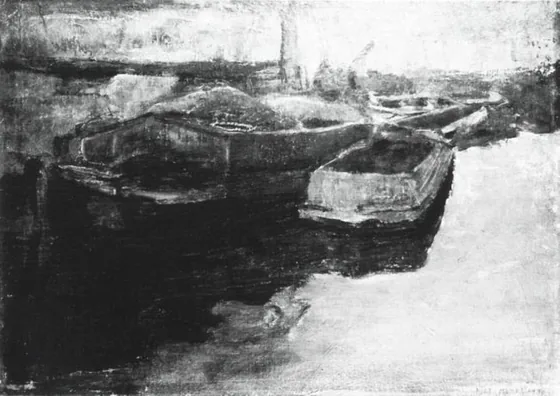 Moored tjalk and other barges