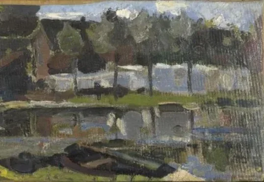 Narrow farm building and trees along the water