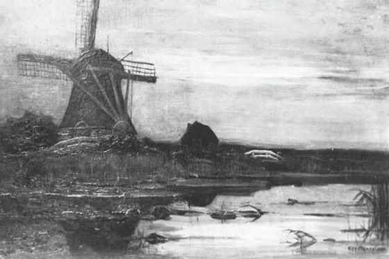 Oostzijdse mill from downstream with evenly streaked sky