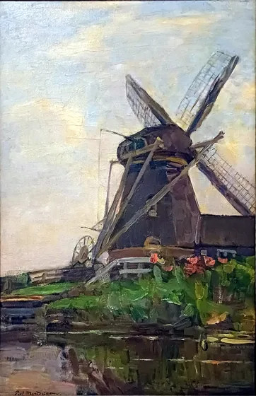 Oostzijdse mill, vertical oil sketch with blue sky