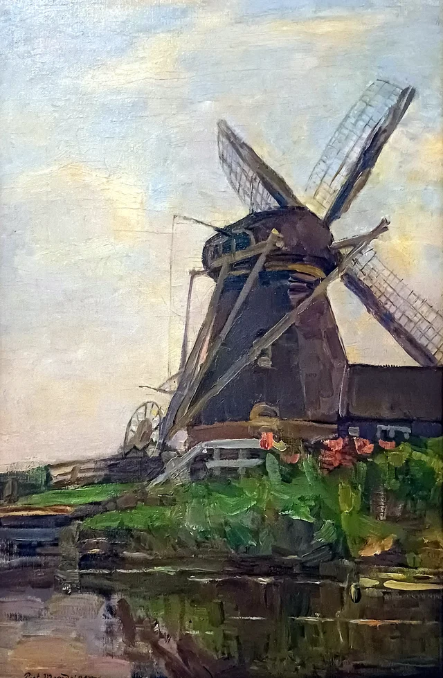El molino Oostzijdse, boceto al óleo vertical con cielo azul, Piet Mondrian