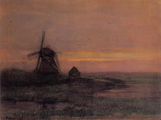 Oostzijdse mill with streaked reddish sky