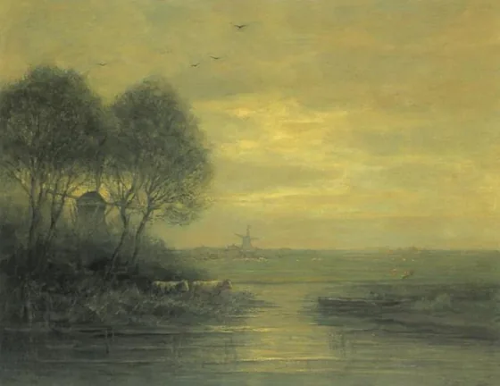 Panoramic sunset with two windmills