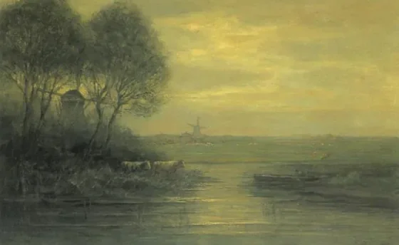 Panoramic sunset with two windmills