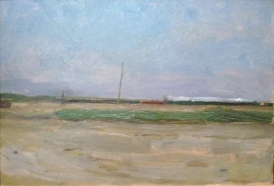 Paysage de polder avec un train à l'horizon