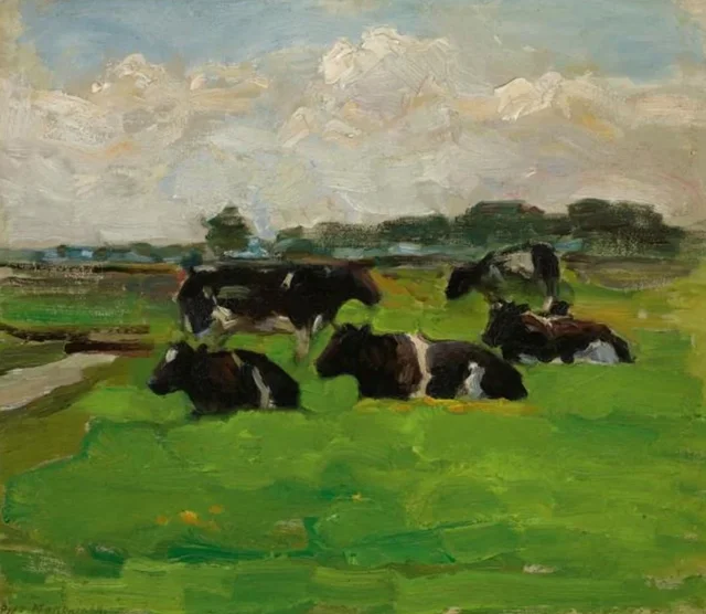 Paisaje de pólder con grupo de cinco vacas