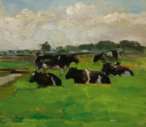 Polder landscape with group of five cows
