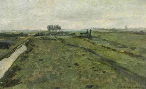 Polder landscape with irrigation ditch and fence