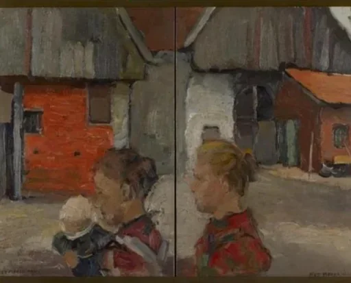 Rear gables of farm buildings with figures