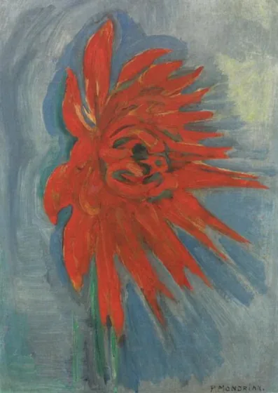 Red chrysanthemum on blue background
