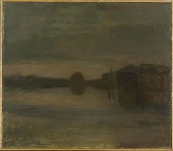Riverscape in the evening, buildings at right