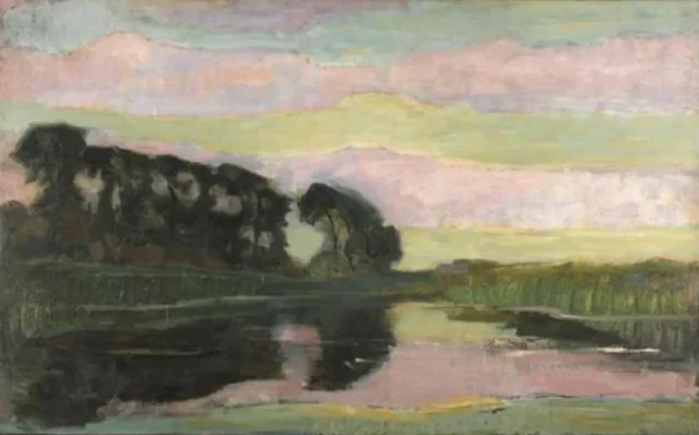 Paisaje fluvial con hilera de árboles a la izquierda, cielo con bandas rosas y verde amarillento: granja en el Gein oculta tras grandes árboles